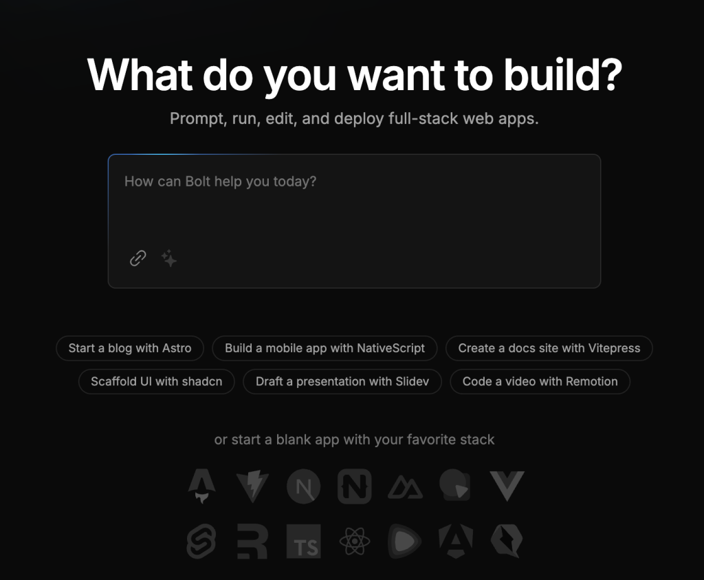 Главный экран Bolt.new — What do you want to build?