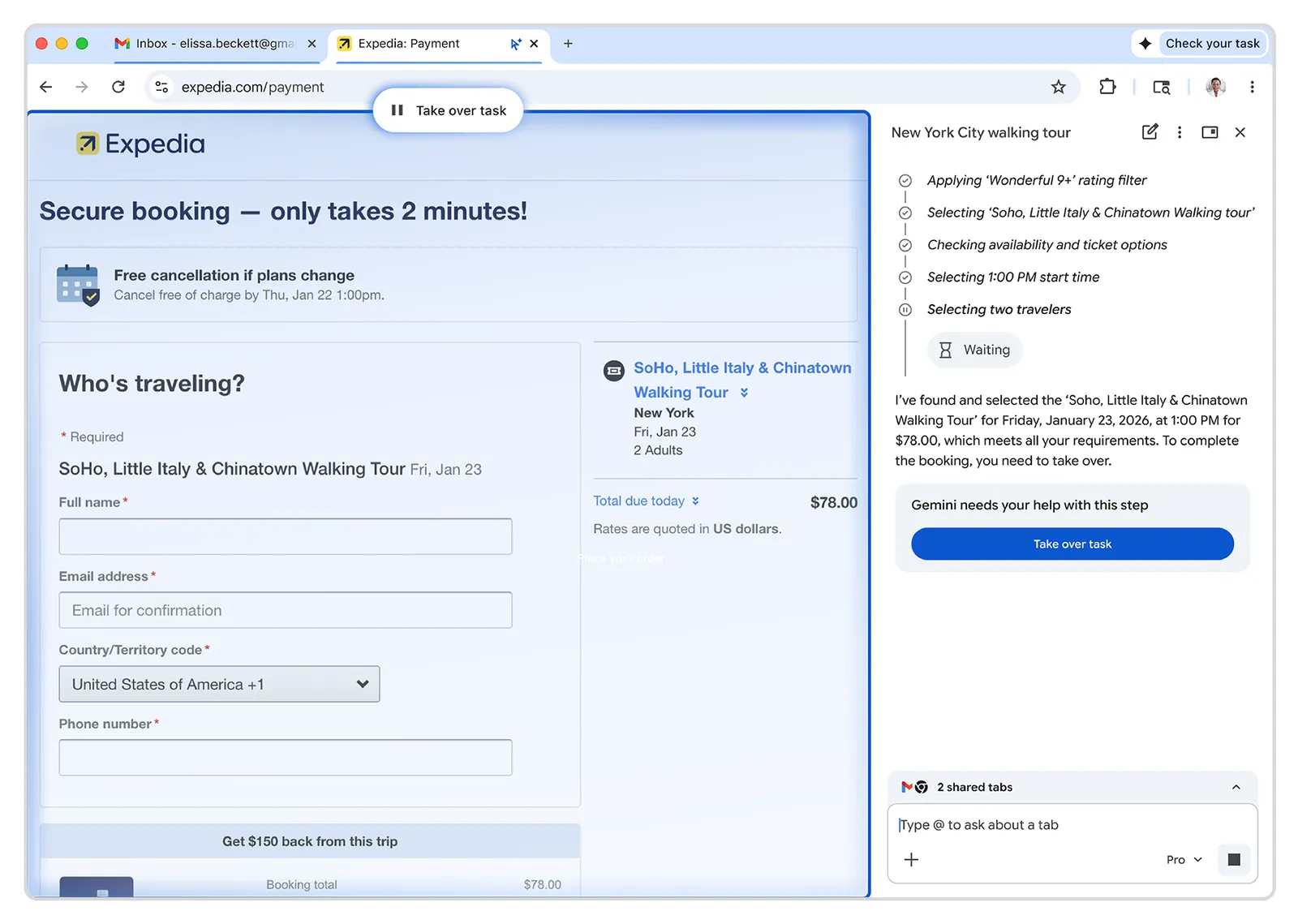 Chrome Auto Browse остановился на форме бронирования и просит пользователя продолжить вручную