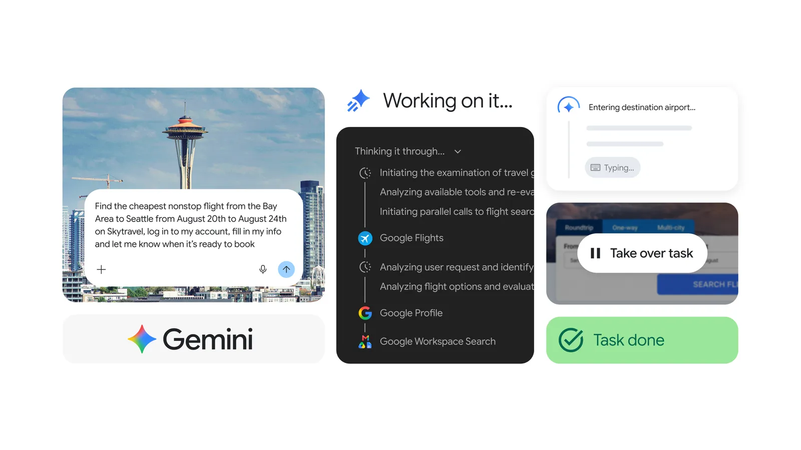 Интерфейс Gemini Spark с поиском авиабилета и ручным перехватом задачи
